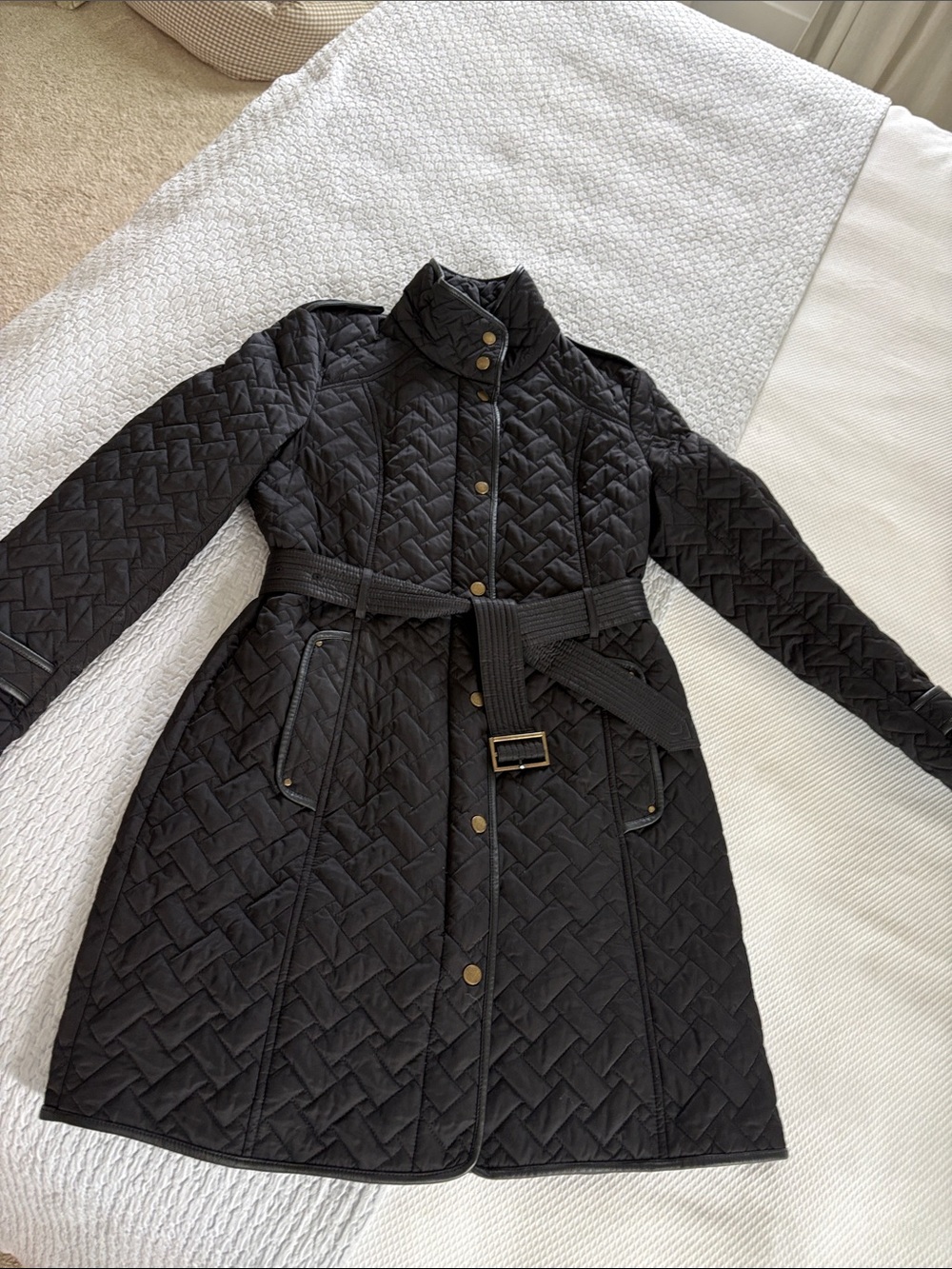 Cole Haan Black Quilted Belted Trench Coat